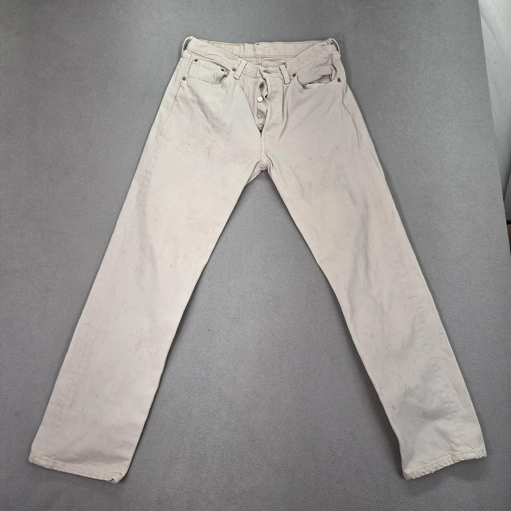 Vintage Levis 501 Jeans Mens Beige Made USA Button Fly Straight 90s Fits 29x30